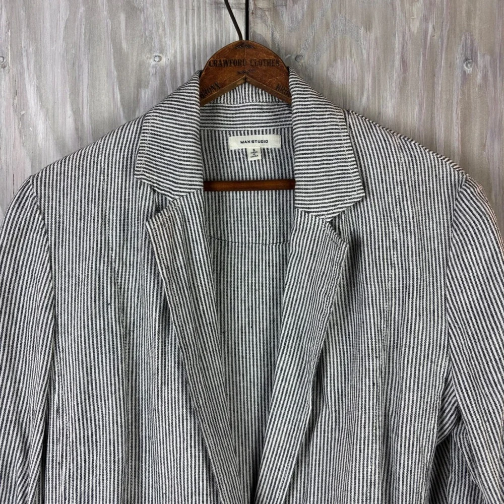 MAX STUDIO Striped Blazer Women's Size‎ Small Ruched Sleeve Linen Blend Nautical